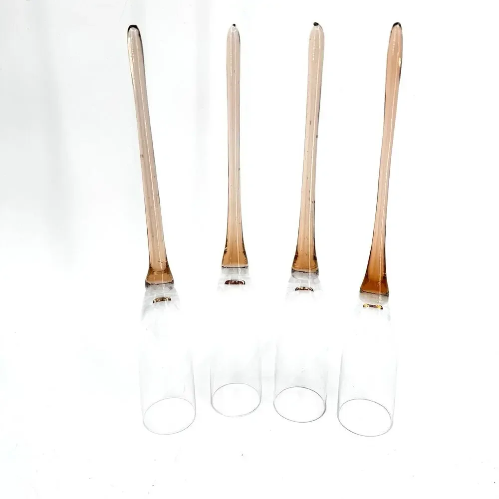 Set of 4 Stemmed Footless Wine Flutes Light Orange Peachy Pink Clear